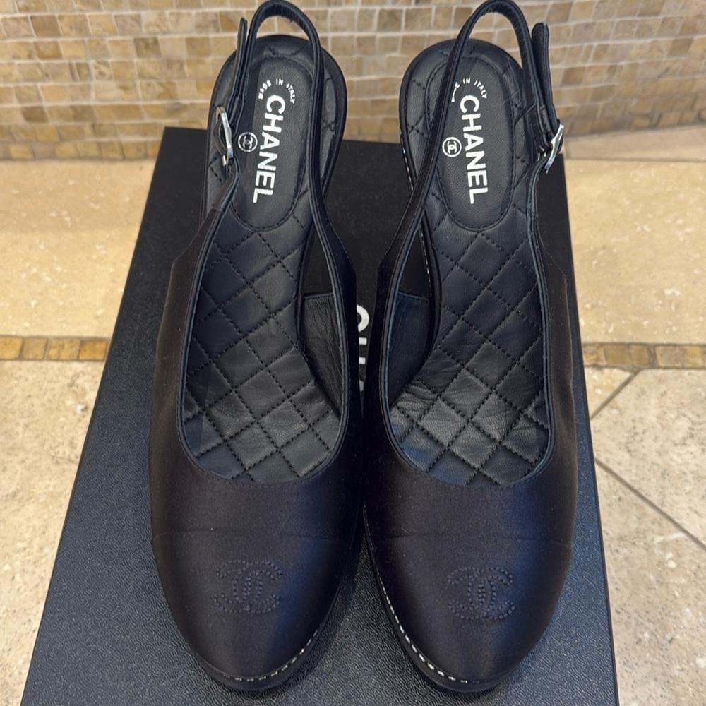 Chanel sling back black satin pump